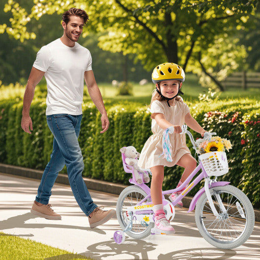 Costway 18 Inch Girls Bike Kids Bicycle with Doll Seat and Streamers for Children 4-8 Years Old Purple