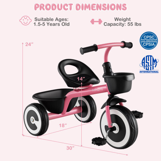 Costway Toddler Tricycle with Adjustable Seat and Storage Baskets for 1.5-5 Years Old-Pink