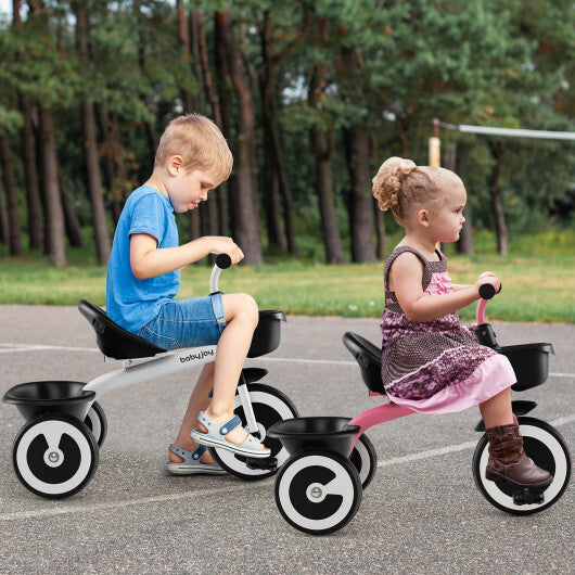 Costway Toddler Tricycle with Adjustable Seat and Storage Baskets for 1.5-5 Years Old-White