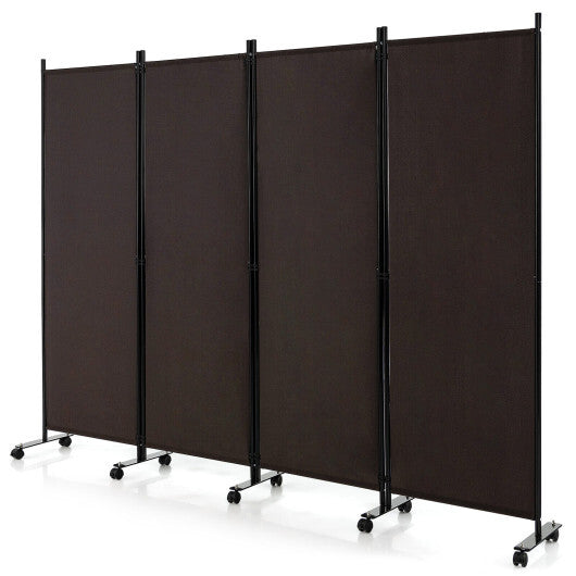 Costway 4-Panel Folding Room Divider 6 Feet Rolling Privacy Screen with Lockable Wheels-Brown