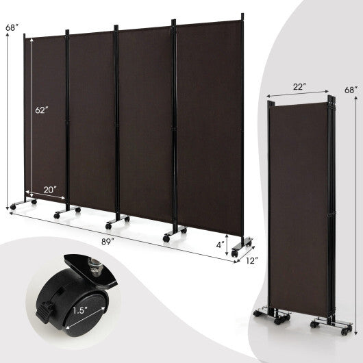 Costway 4-Panel Folding Room Divider 6 Feet Rolling Privacy Screen with Lockable Wheels-Brown