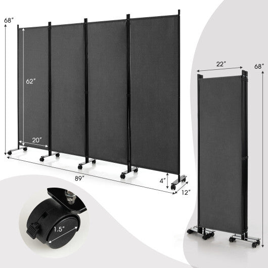 Costway 4-Panel Folding Room Divider 6 Feet Rolling Privacy Screen with Lockable Wheels-Gray