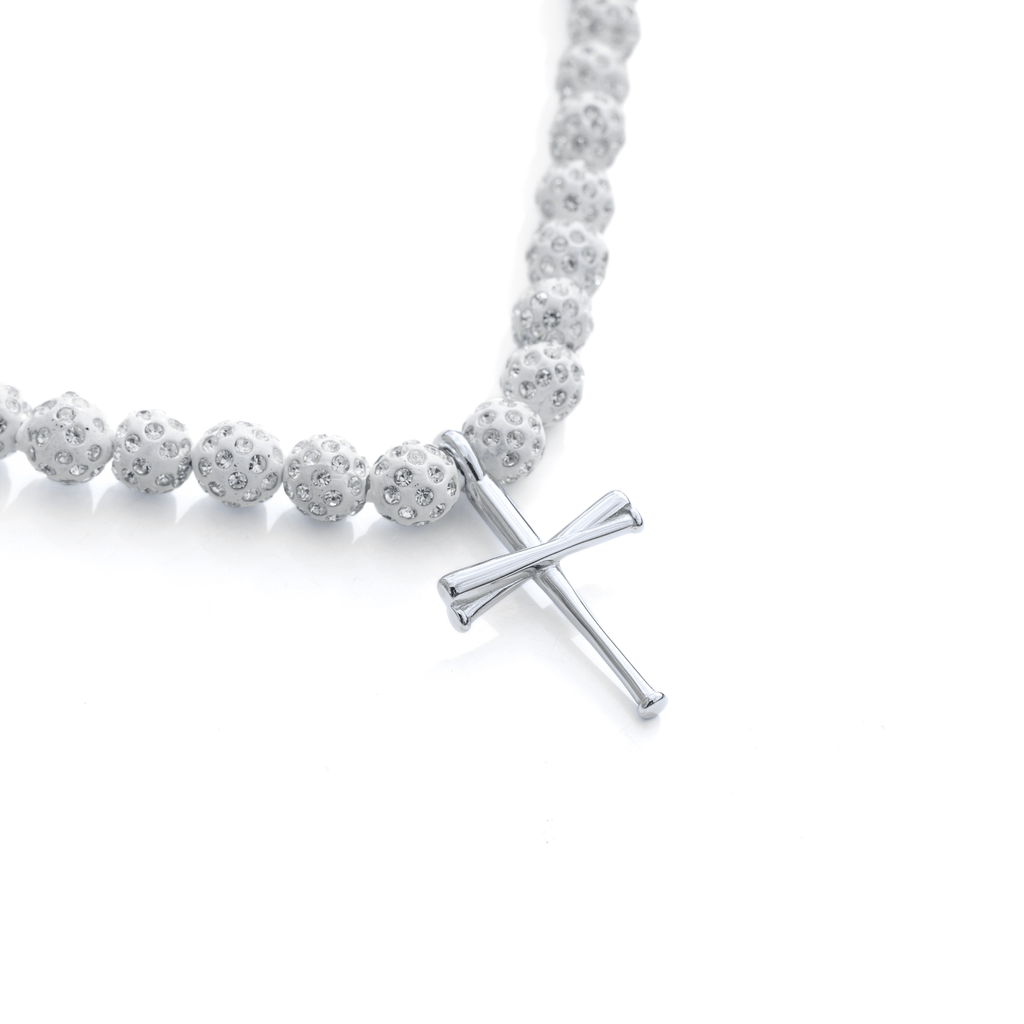 Orbit Iced Out Baseball Bead Necklace | Dark Blue & White