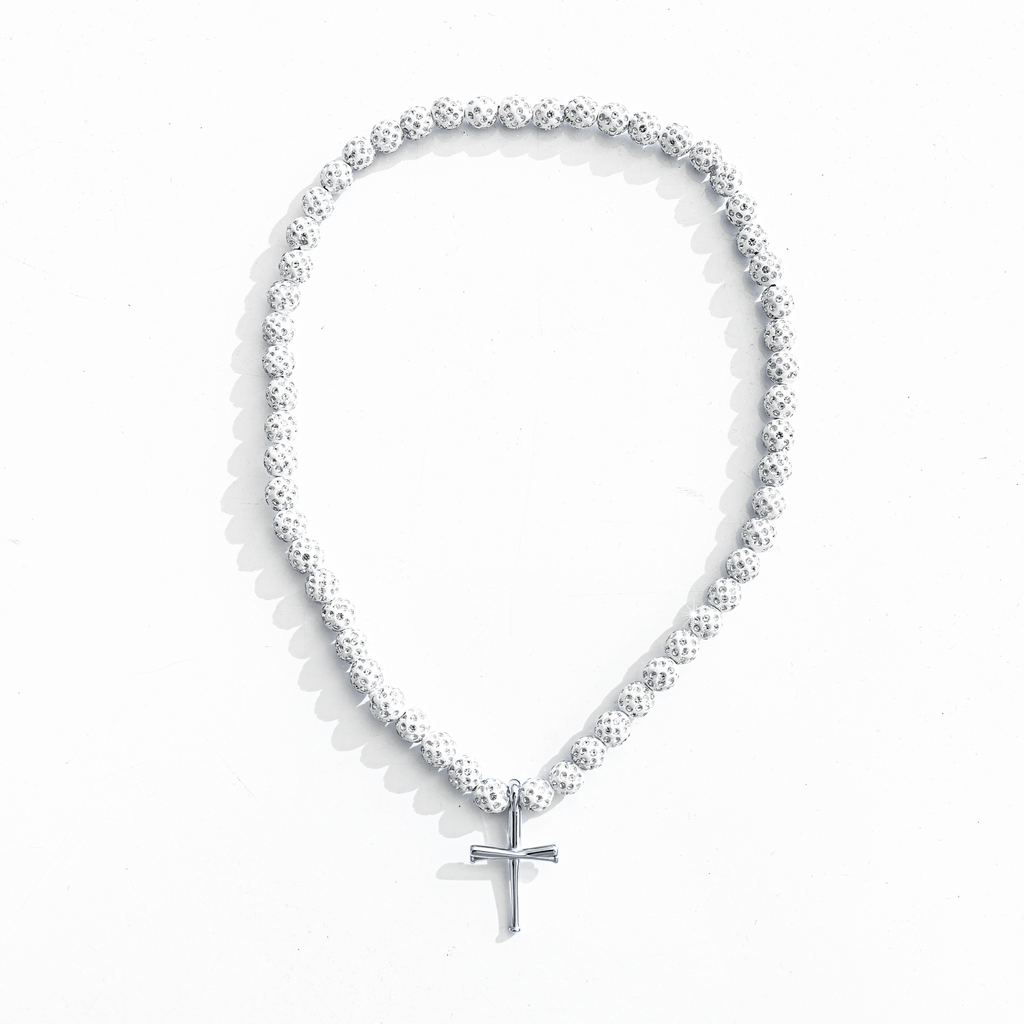 Orbit Iced Out Baseball Bead Necklace | Dark Blue & White