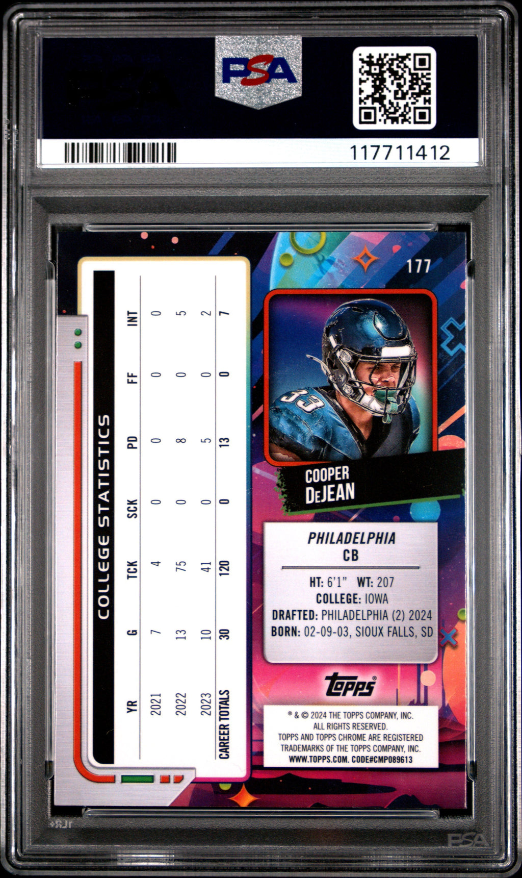 Graded 2024 Topps Cosmic Chrome Cooper DeJean #177 Rookie RC Football Card PSA 9 Mint