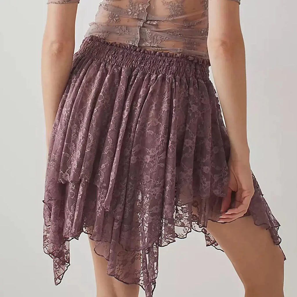 Women Y2k Lace Mini Skirt - Summer Lace Slip Skirt | Pleated Ruffle Floral Lace Tiered Short Skirt