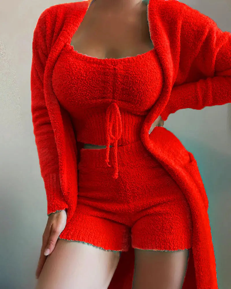 Women's Plush Velvet Pajamas Set | Crop Top + Shorts + Cardigan Coat