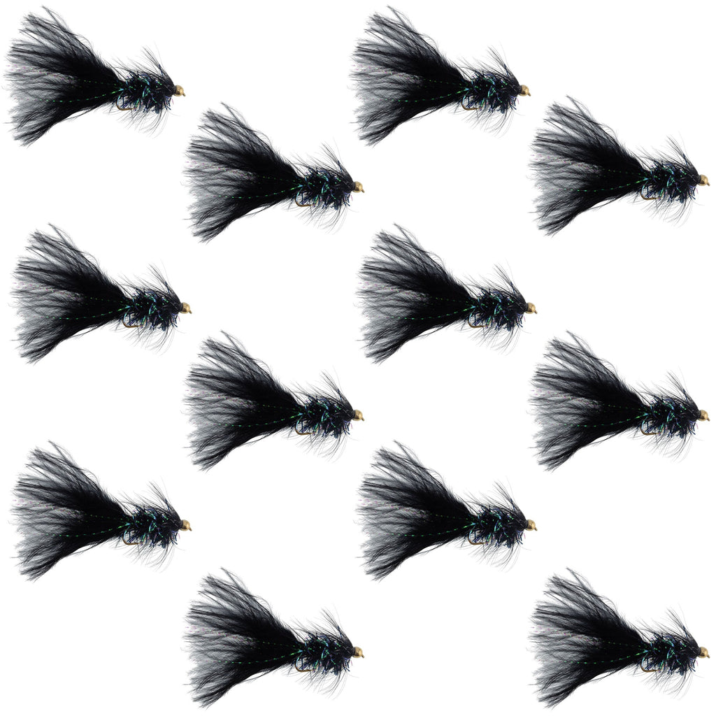 Black Bead Head Crystal Woolly Bugger Classic Streamer Flies - 12 Flies - Hook Size 4