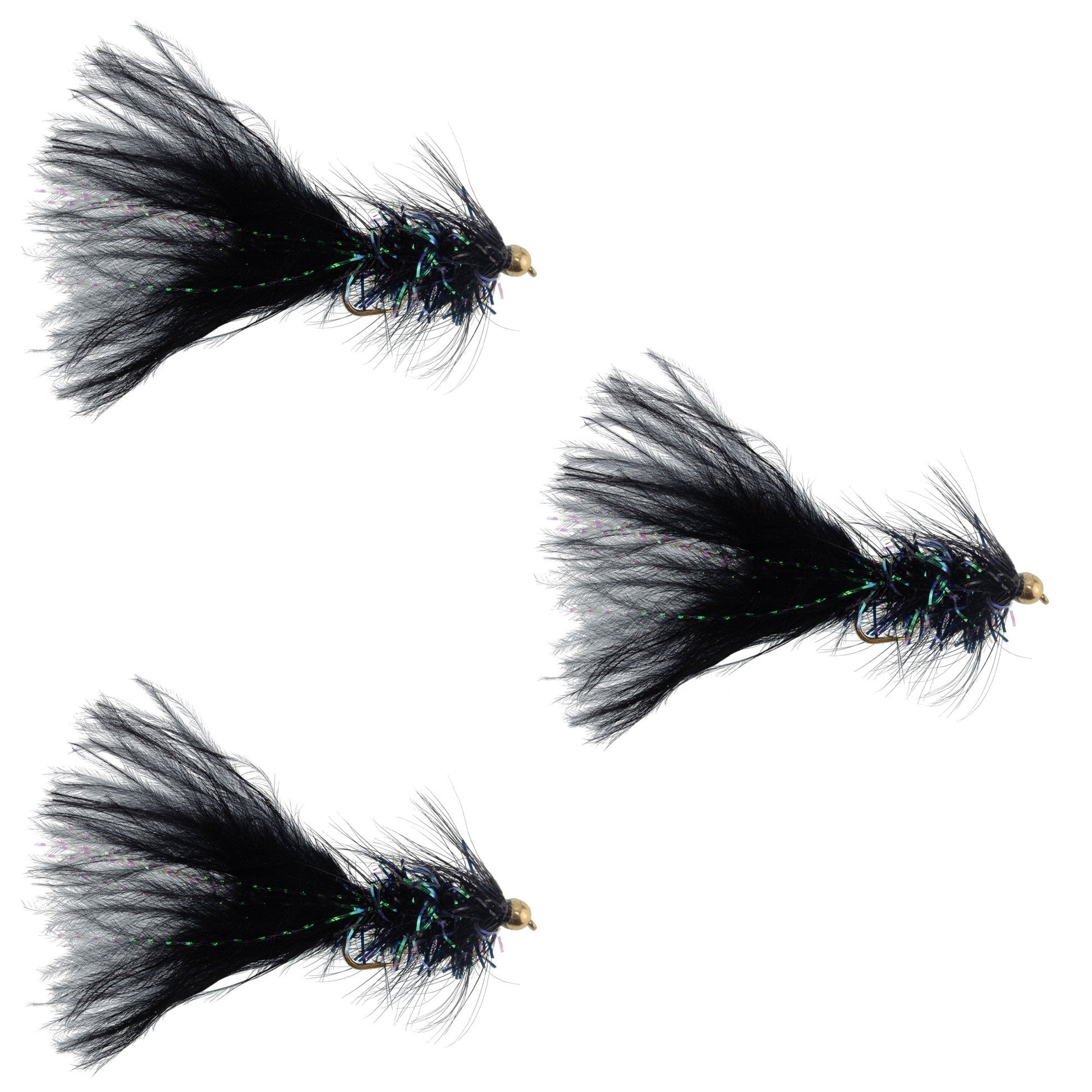 3 Pack Black Bead Head Crystal Woolly Bugger Classic Streamer Flies - 12 Flies - Hook Size 8