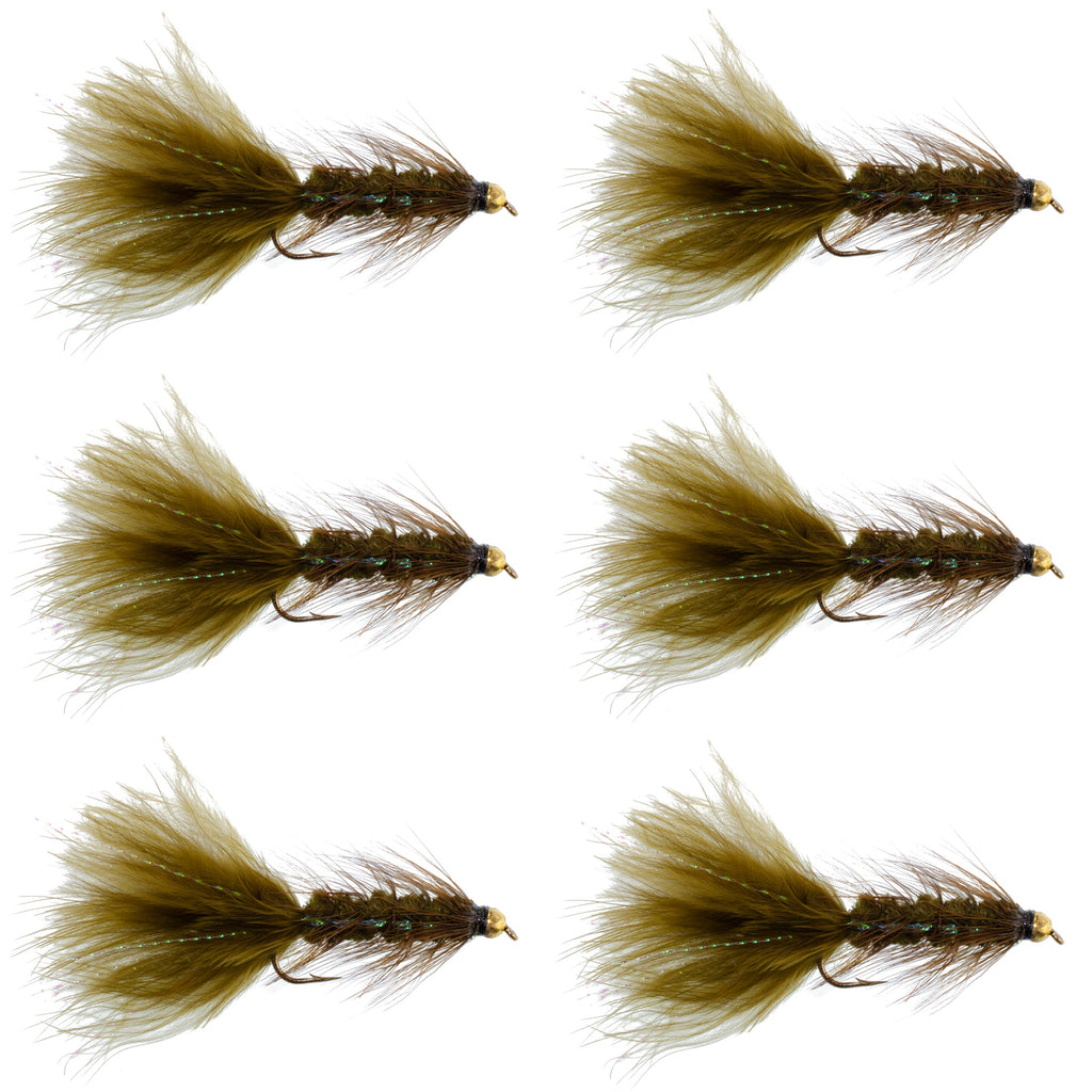 Dark Olive Bead Head Crystal Woolly Bugger Classic Streamer Flies - Set of 6 Trout Fly Fishing Flies - Hook Size 8