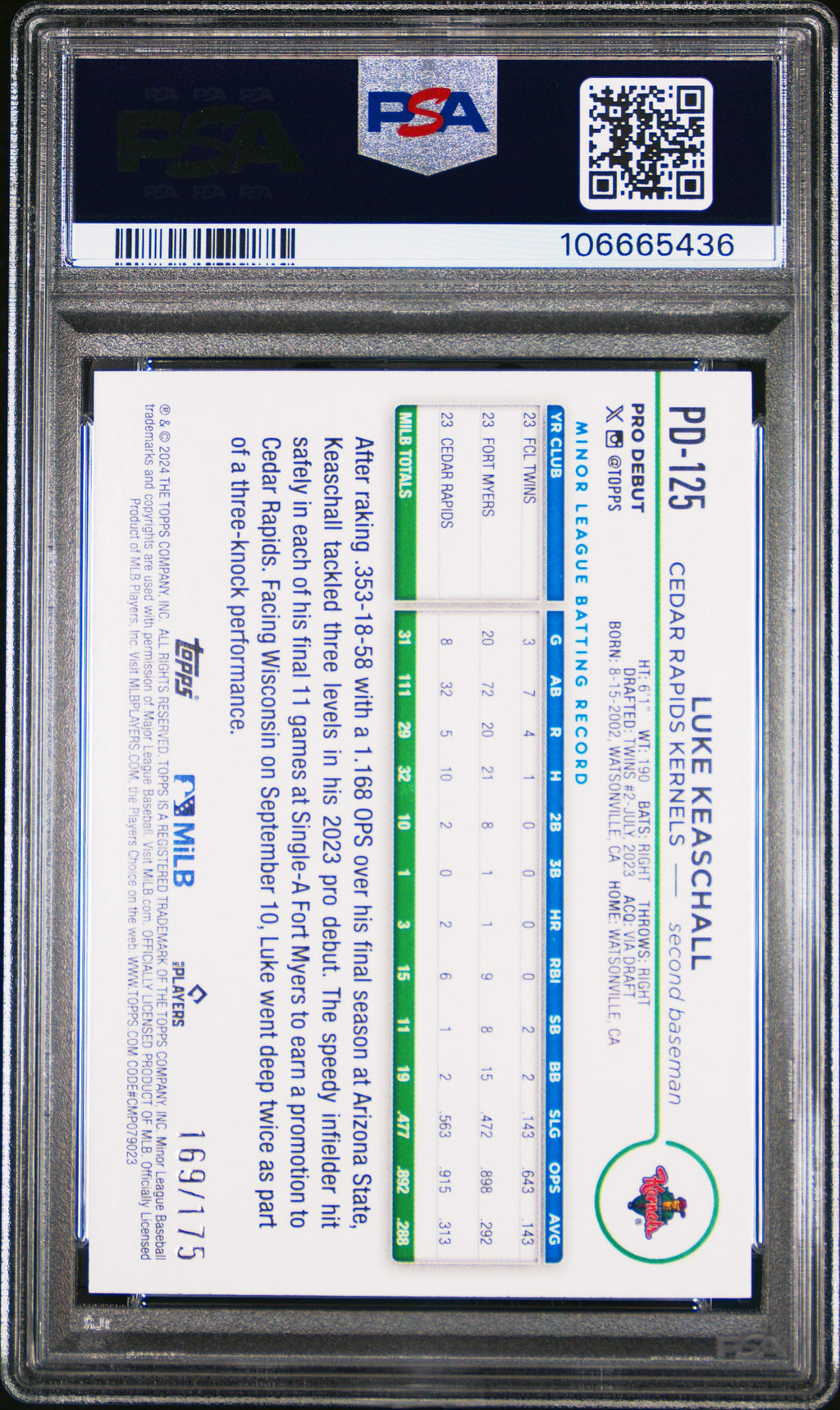 Graded 2024 Topps Pro Debut Luke Keaschall #PD125 Sparkle Foil /175 Rookie RC Baseball Card PSA 10 Gem Mint