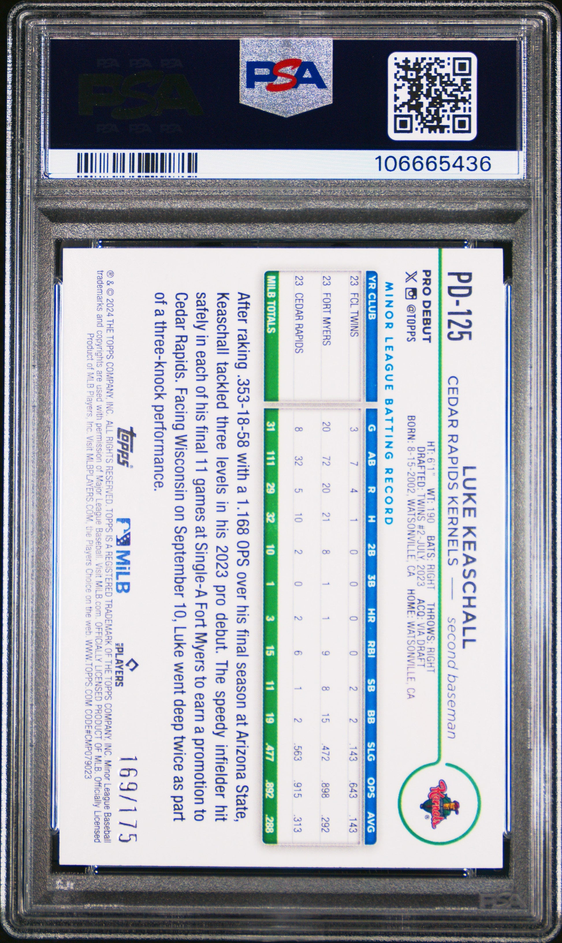 Graded 2024 Topps Pro Debut Luke Keaschall #PD125 Sparkle Foil /175 Rookie RC Baseball Card PSA 10 Gem Mint