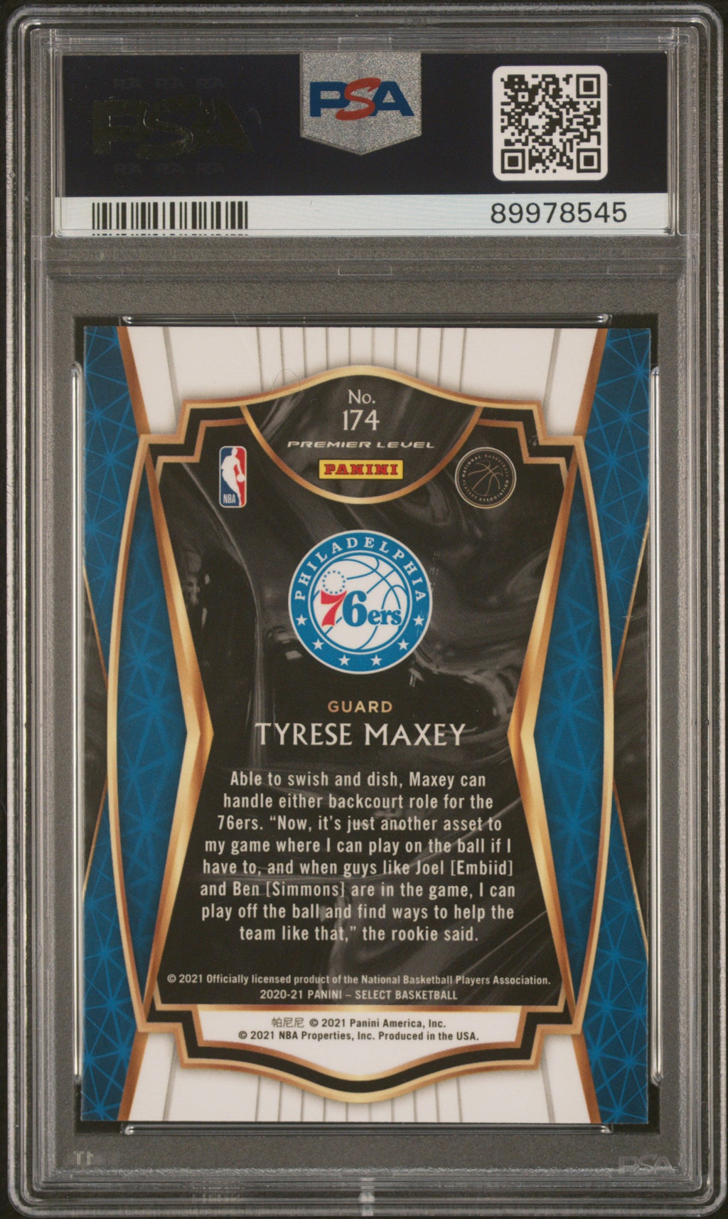 Graded 2020 Panini Select Tyrese Maxey #174 Blue Retail Rookie RC Basketball Card PSA 10 Gem Mint