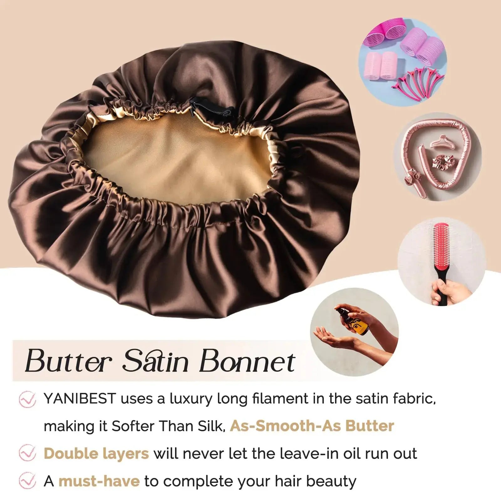 YANIBEST Satin Bonnet Silk Bonnet Adjustable Hair Bonnet for Sleeping Hair Bonnets for Women Curly Natural Hair One Size Brown