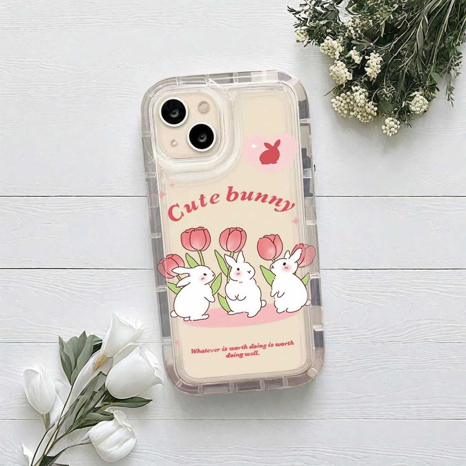 Cute Rabbit Flower Colorful Case for iPhone 15 14 13 12 11 Pro Max Plus - Shockproof Transparent Protective Cover with Fun Design
