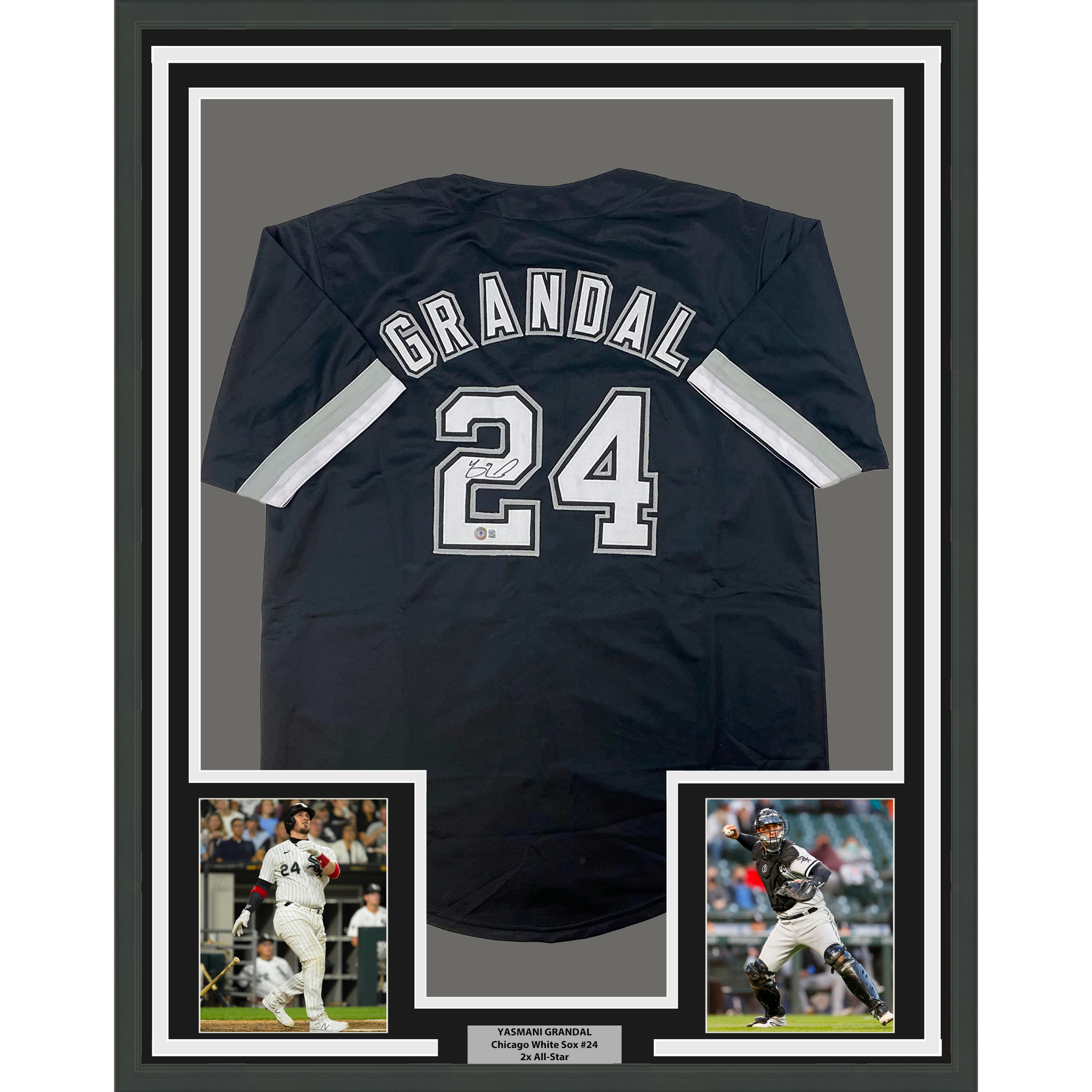 Framed Autographed/Signed Yasmani Grandal 35x39 Chicago Black Baseball Jersey Beckett BAS COA