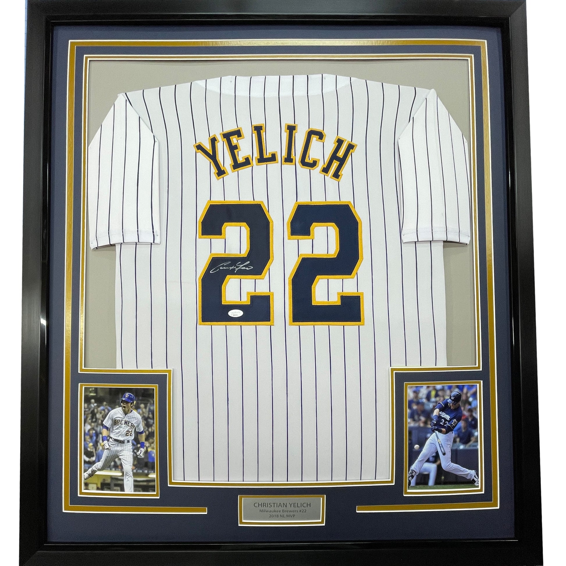 Framed Autographed/Signed Christian Yelich 35x39 Milwaukee Pinstripe Baseball Jersey JSA COA