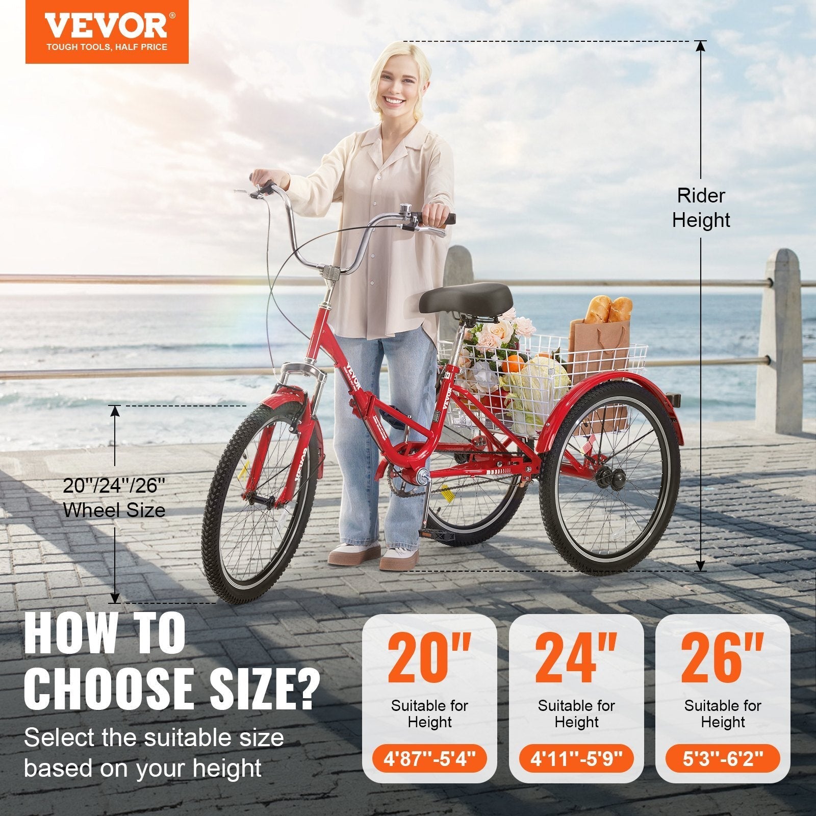 Folding Adult Tricycle, 24-Inch Adult Folding Trikes, Carbon Steel 3 Wheel Cruiser Bike with Large Basket & Adjustable Seat, Shopping Picnic Foldable Tricycles for Women, Men, Seniors (Red)