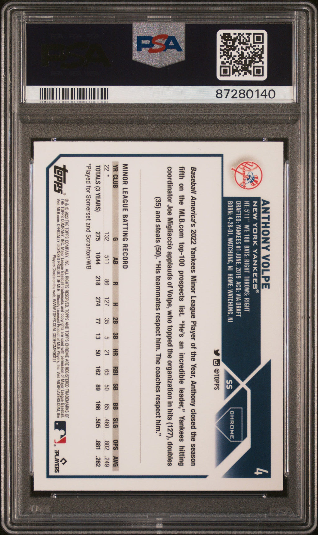 Graded 2023 Topps Chrome Anthony Volpe #4 XFractor Rookie RC Baseball Card PSA 10 Gem Mint