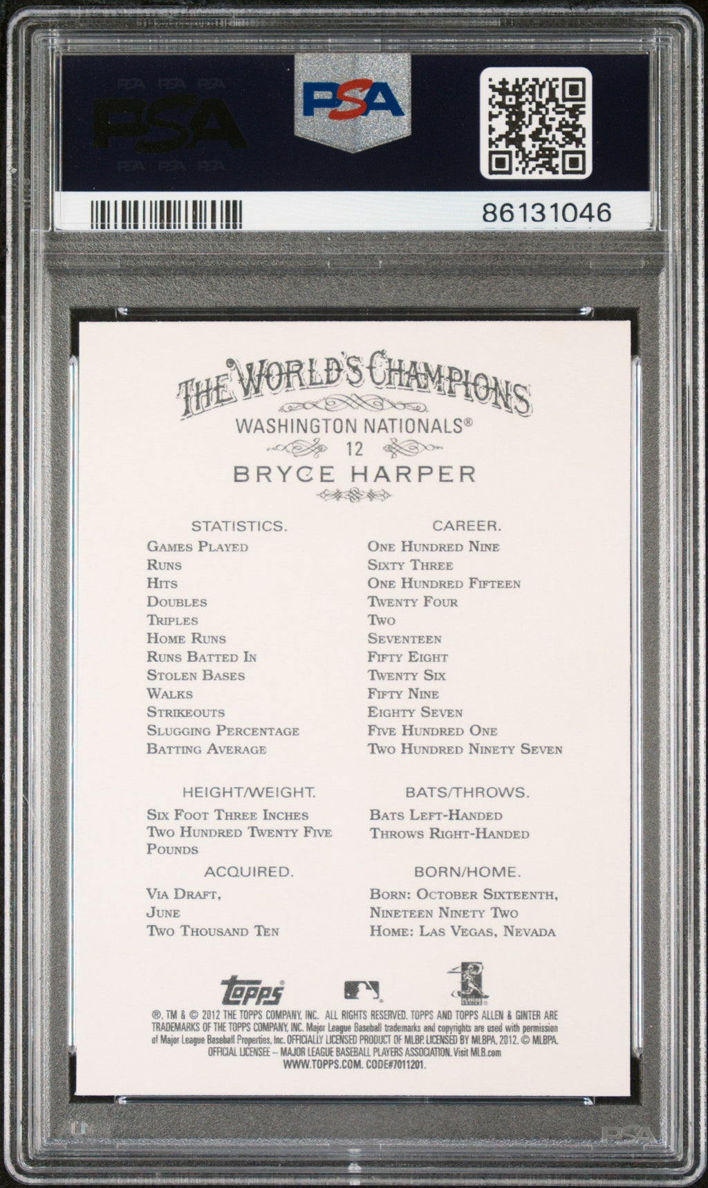 Graded 2012 Topps Allen & Ginter Bryce Harper #12 Rookie RC Baseball Card PSA 10 Gem Mint