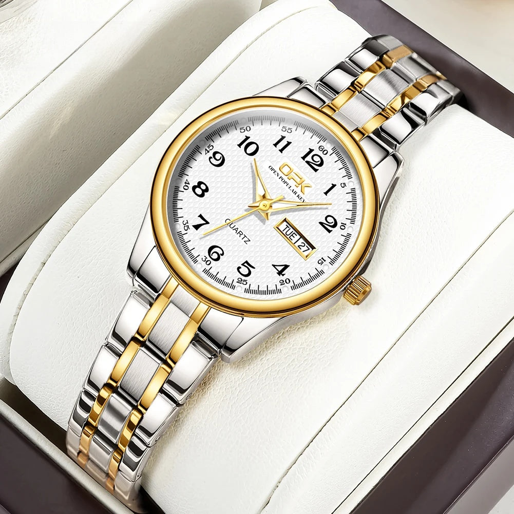 Women's Stainless Steel Blue Dial Watch Dual Calendar