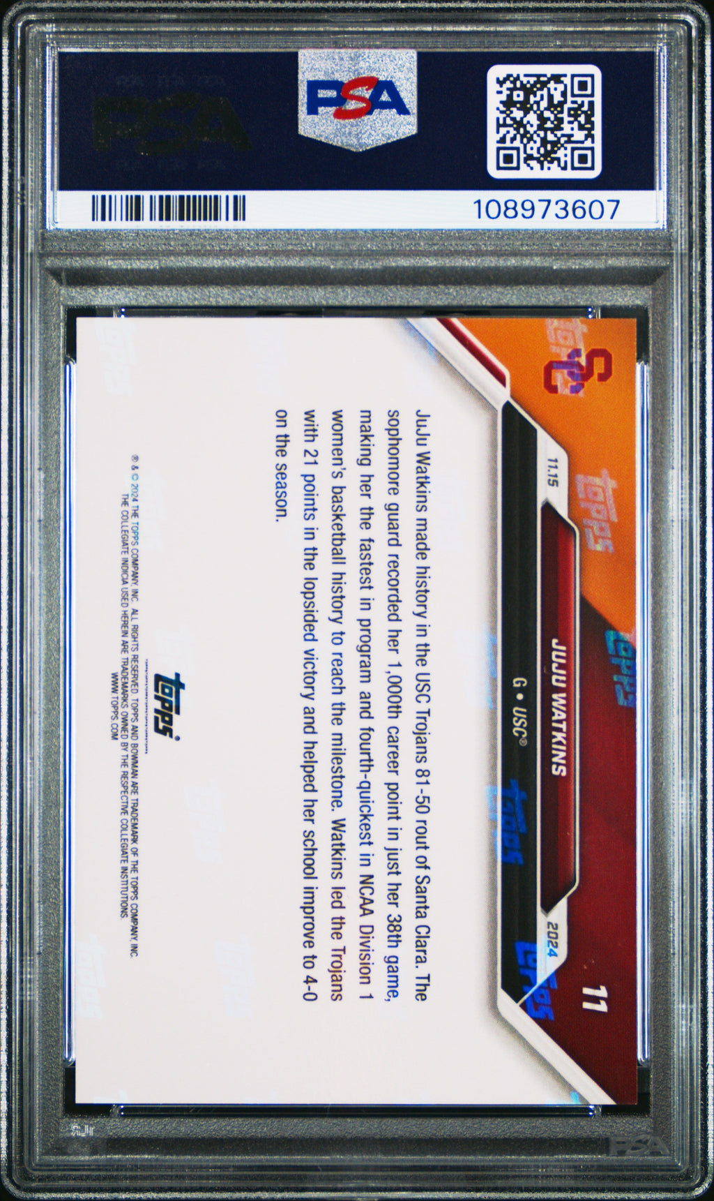 Graded 2024 Topps Bowman U Now JuJu Watkins #11 Rookie RC Basketball Card PSA 9 Mint