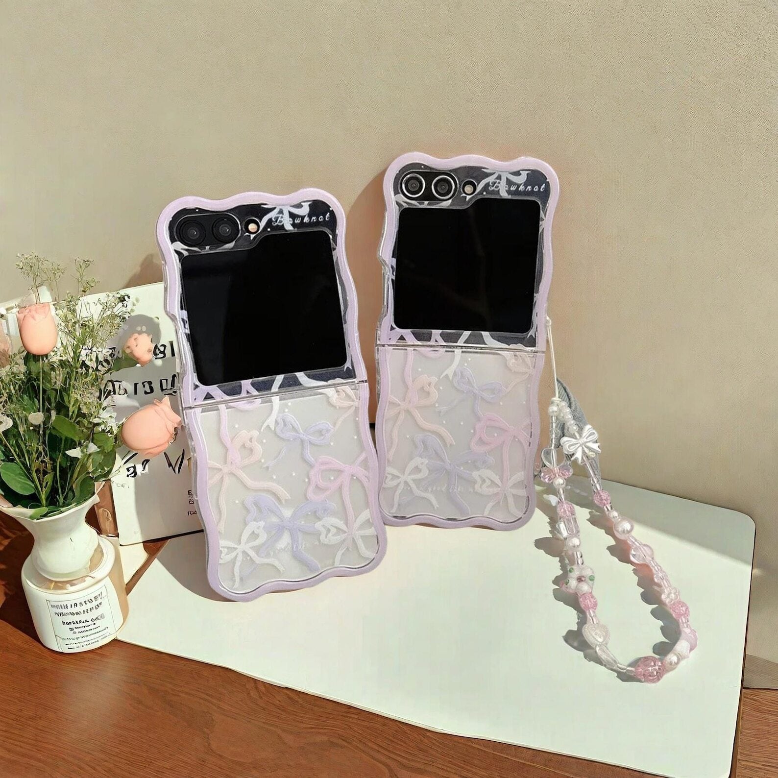 Cute Pink Bow Bracelet Case for Samsung Z Flip 6 5 4 3 - Shockproof Clear Wave Cover with Strap, Stylish & Protective