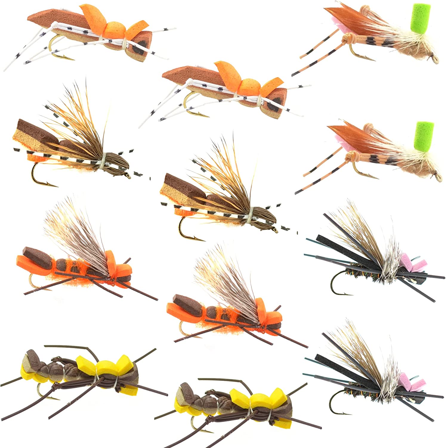 Foam Hopper Fly Fishing Flies Assortment - 12 Flies - 2 Each of 6 Grasshopper Dropper Hopper with Fly Box
