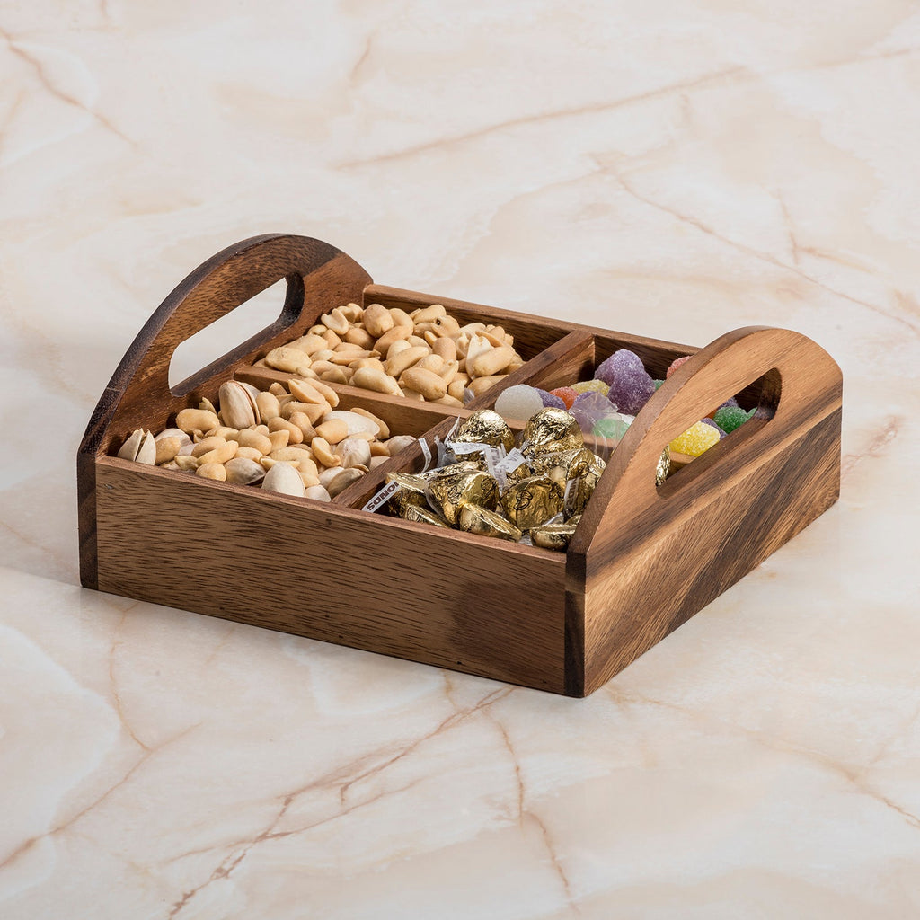 Acacia Wood 4 Compartment Snack Tray With Handles Serving Caddy For Nuts