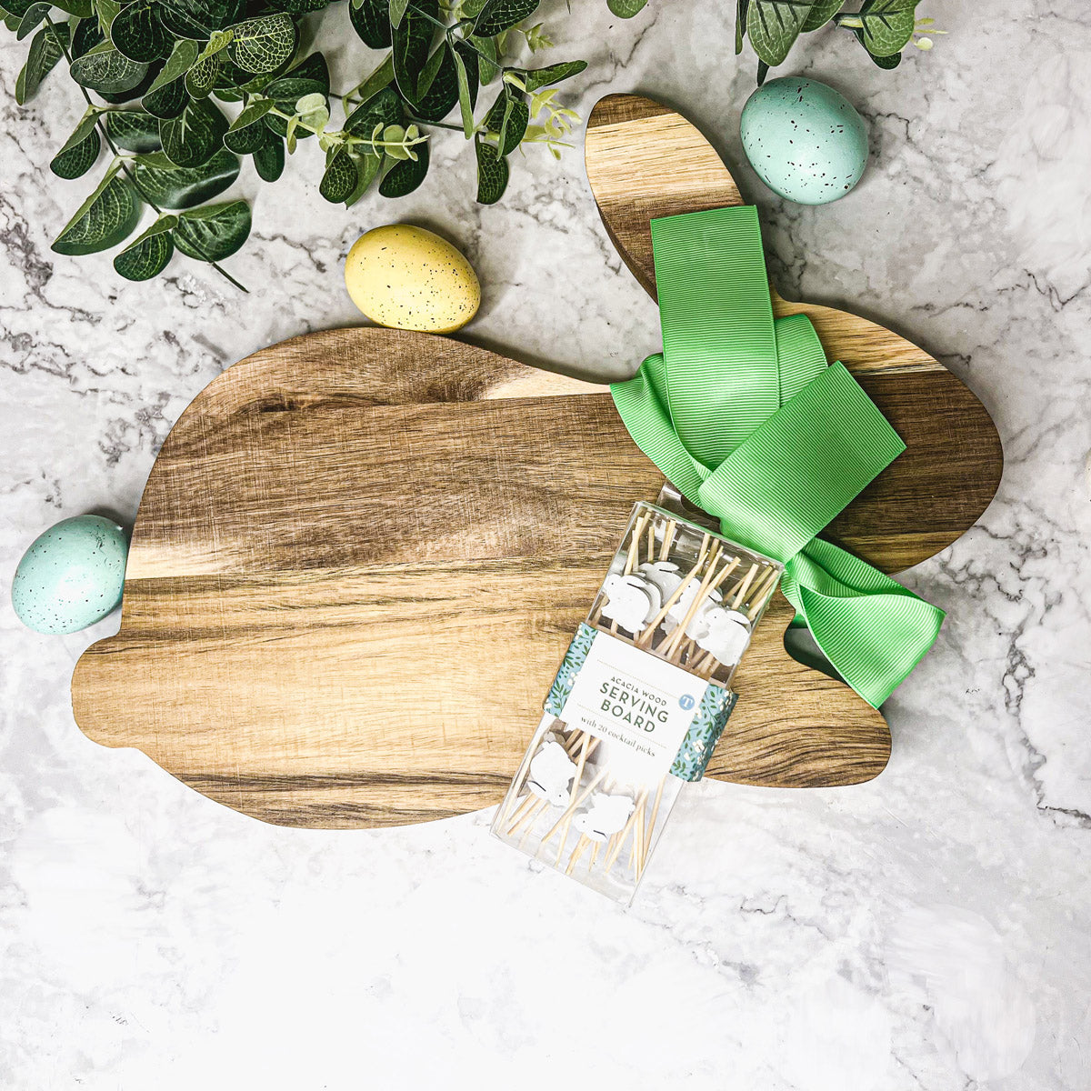 Acacia Wood Bunny Cutting Board With 20 Bunny Toothpicks And Ribbon Gift