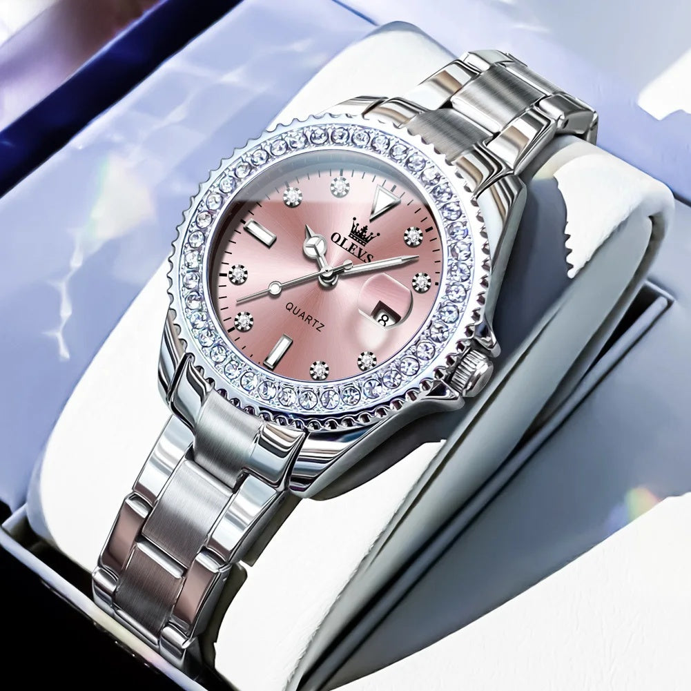 Women's Sunray Dial Zircon Bezel Steel Quartz Watch
