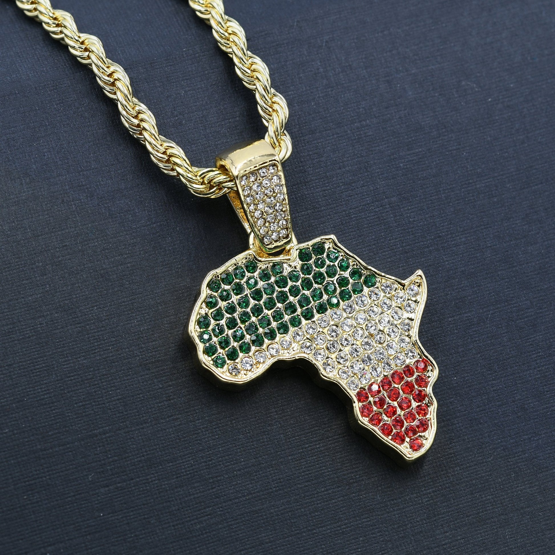 African Map Pendant Gold Rope Chain Gemstone Necklace
