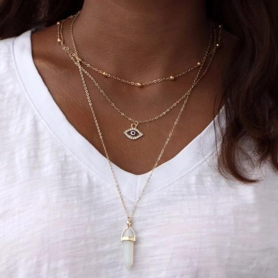 All Seeing Eye Layered Gold Necklace With Pendant Charm