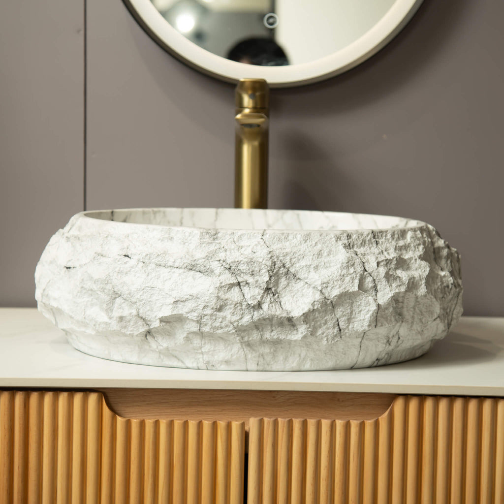 Nuvia 18-Inch Ivory Oval Bathroom Resin Vessel Basin Sink With Stone Pattern (SAK65412)