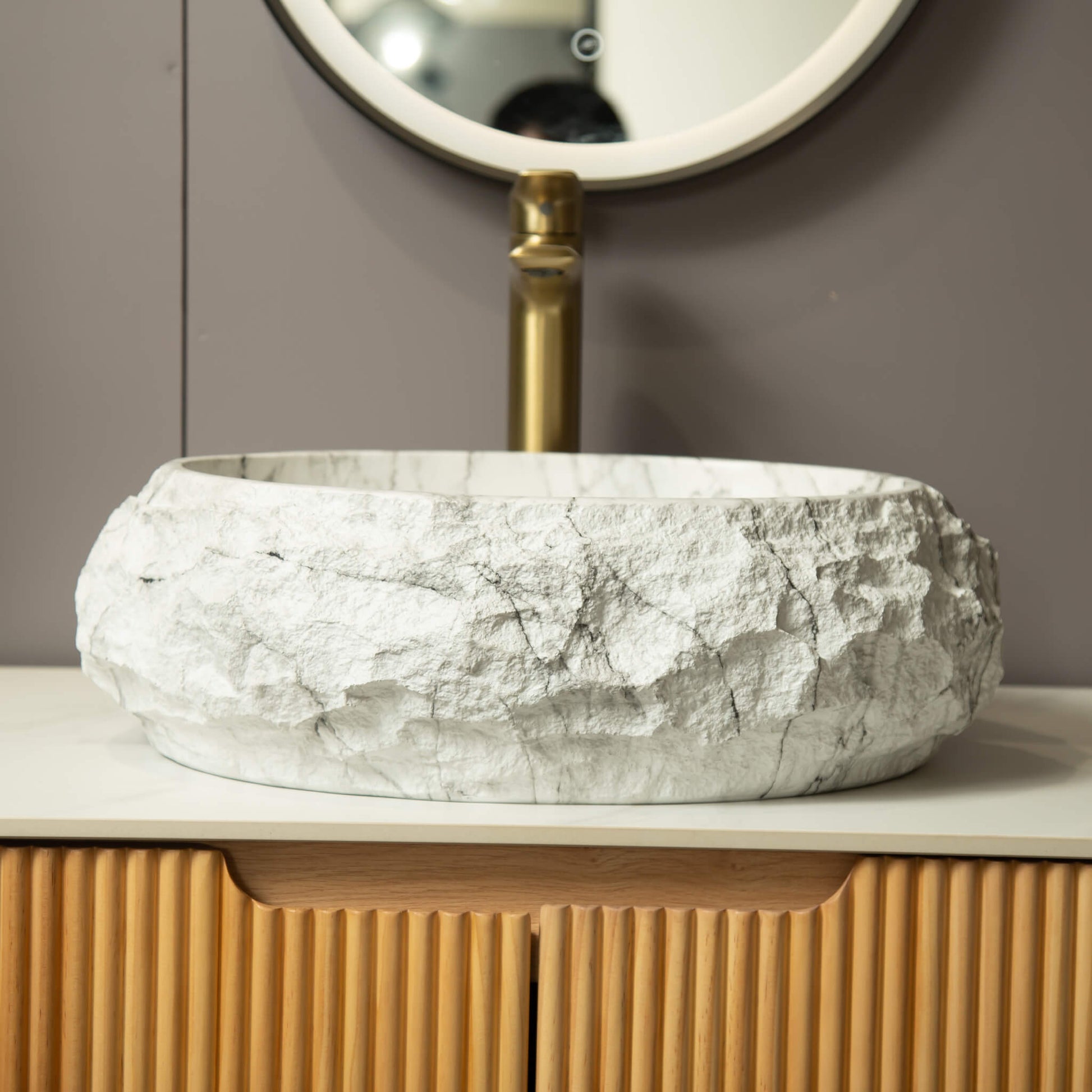 Nuvia 18-Inch Ivory Oval Bathroom Resin Vessel Basin Sink With Stone Pattern (SAK65412)