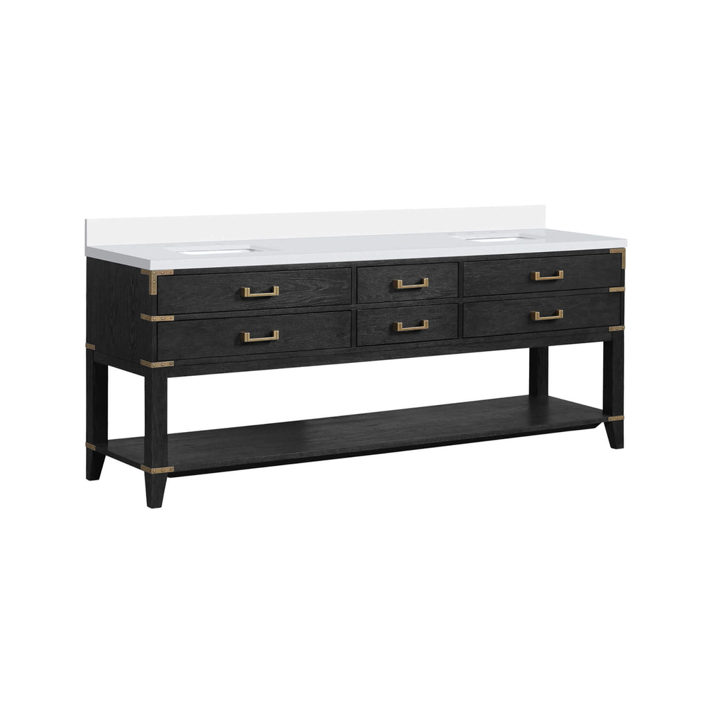 Nuvia 84-Inch Black Oak Double Bathroom Vanity With White Quartz Top (SAK97241)