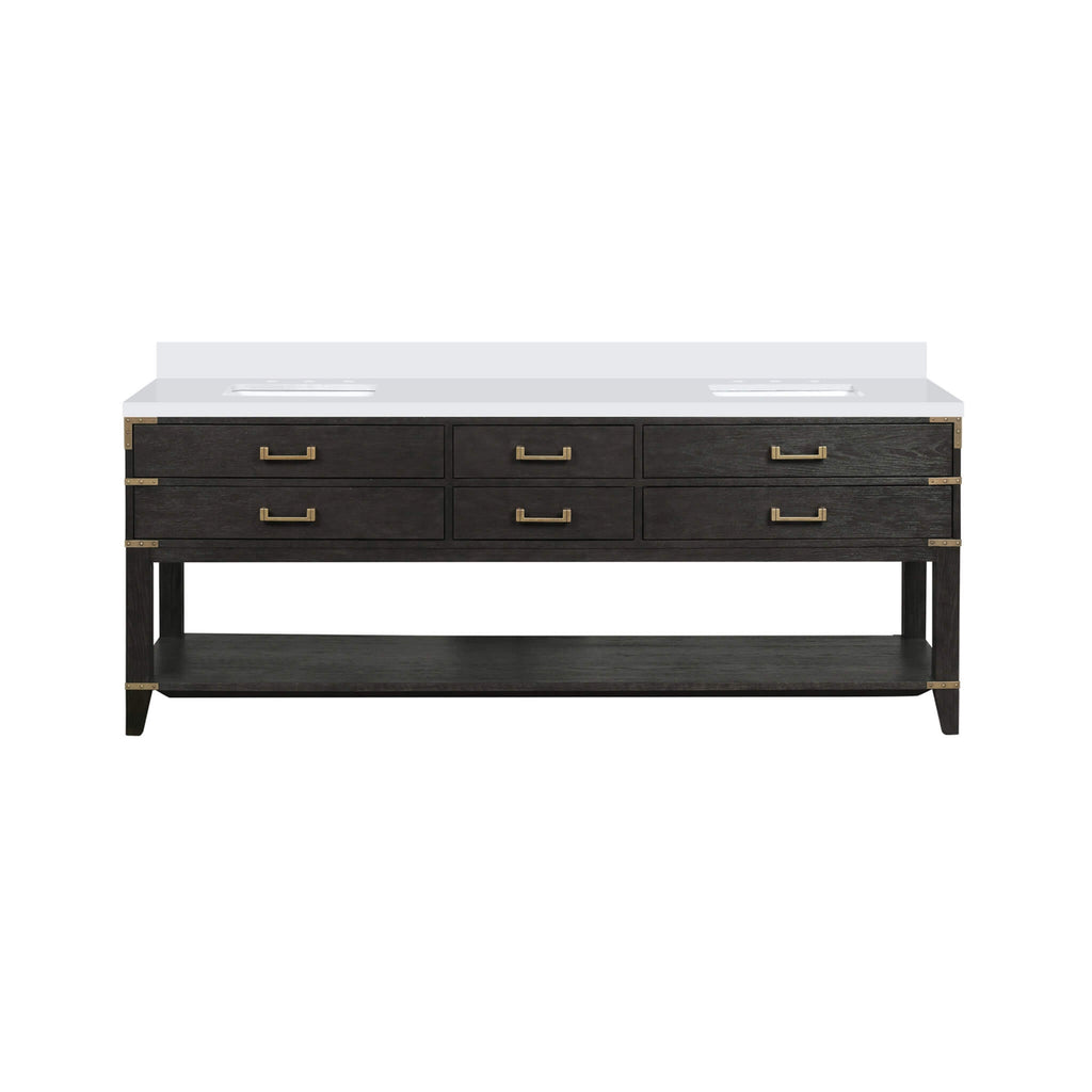 Nuvia 84-Inch Black Oak Double Bathroom Vanity With White Quartz Top (SAK97241)