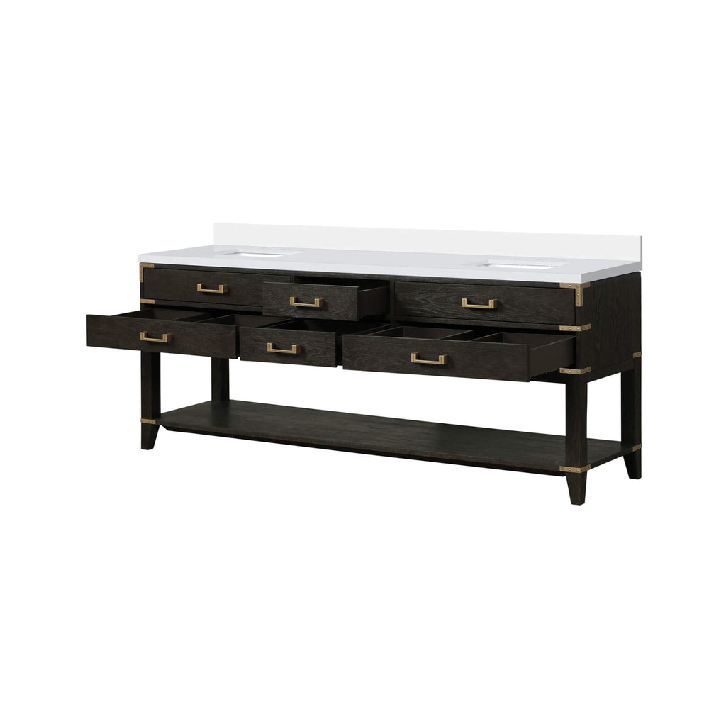 Nuvia 84-Inch Black Oak Double Bathroom Vanity With White Quartz Top (SAK97241)