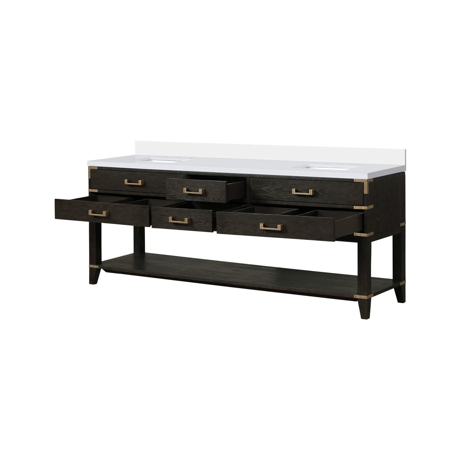 Nuvia 84-Inch Black Oak Double Bathroom Vanity With White Quartz Top (SAK97241)