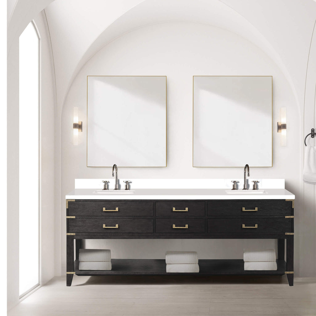 Nuvia 84-Inch Black Oak Double Bathroom Vanity With White Quartz Top (SAK97241)