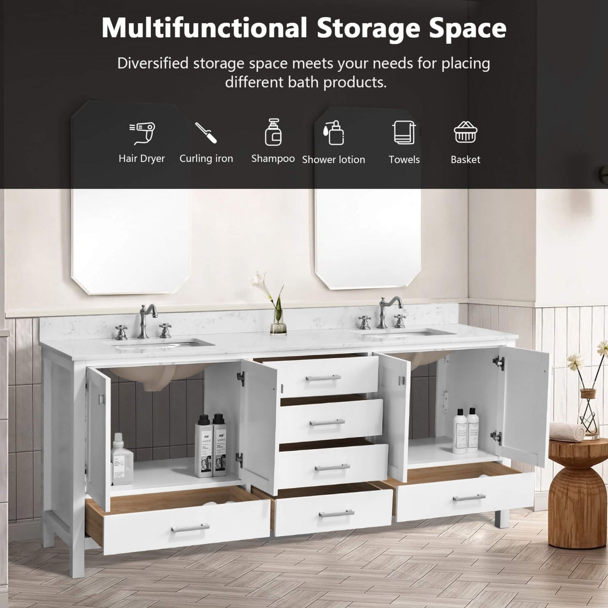 Nuvia 84-Inch Double Basin Freestanding Bathroom Vanity With Solid Wood Frame [No Faucet] (SAK82614)