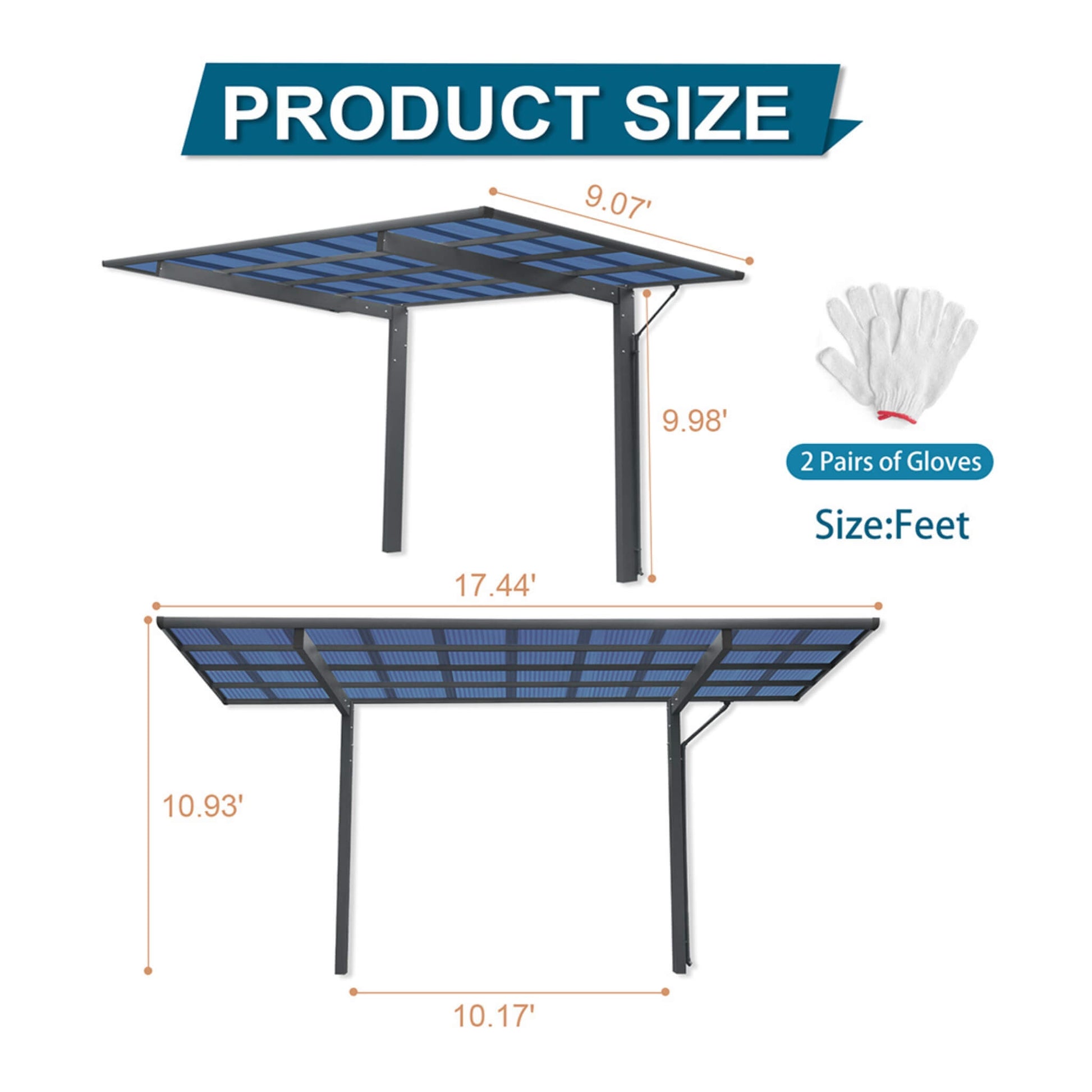 [10X17FT] Alora Extra-Large Heavy-Duty Outdoor Aluminum Single Side Carport With Galvanized Metal Roof (SAK31279)