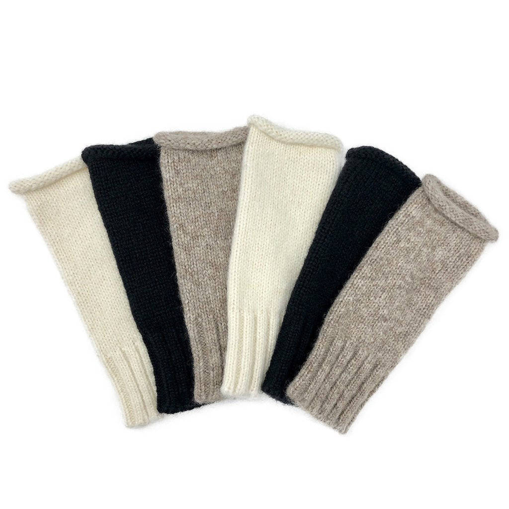 Alpaca Fingerless Knit Gloves Beige Long Ribbed Cuff Thumb Slit Warm Wrist