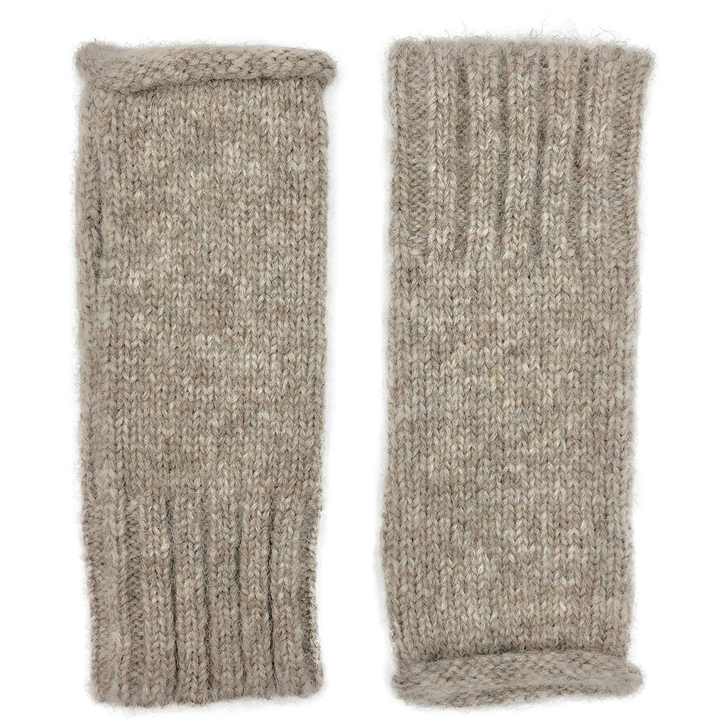 Alpaca Fingerless Knit Gloves Beige Long Ribbed Cuff Thumb Slit Warm Wrist