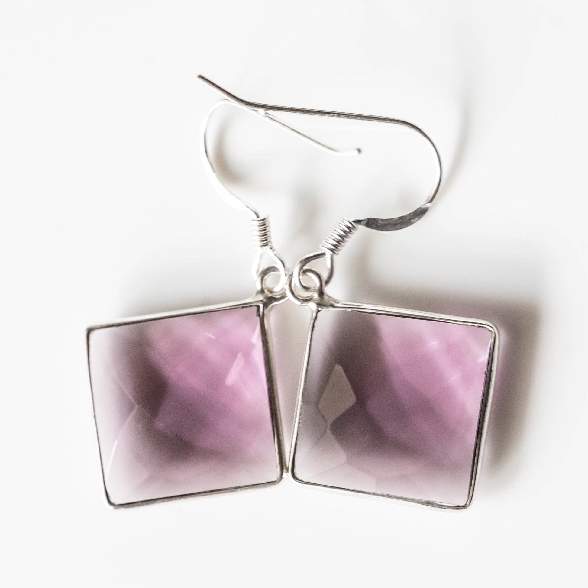 Amethyst Square Drop Earrings Silver Frame Faceted Dangle
