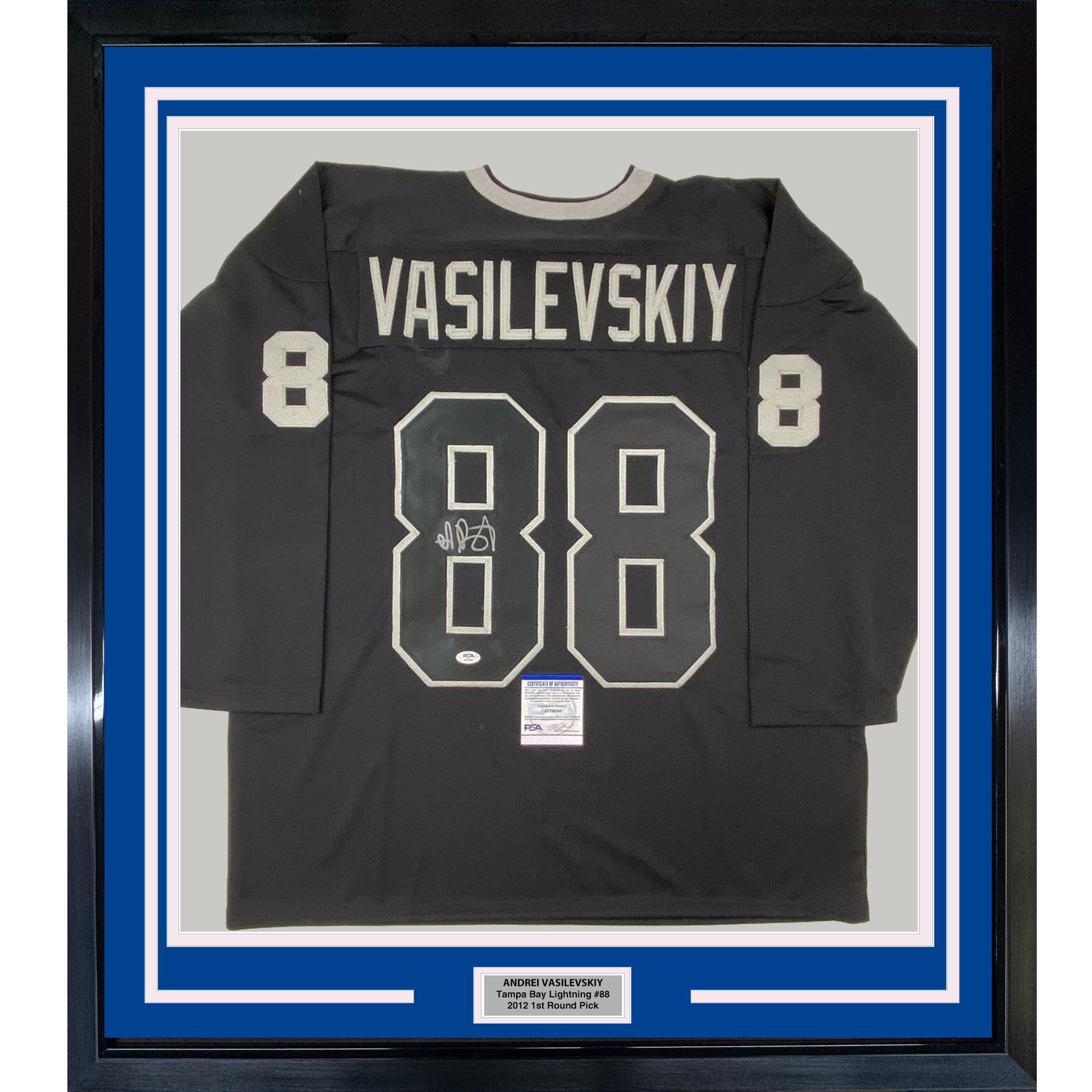 Framed Autographed/Signed Andrei Vasilevskiy 35x39 Tampa Bay Black Hockey Jersey PSA/DNA COA