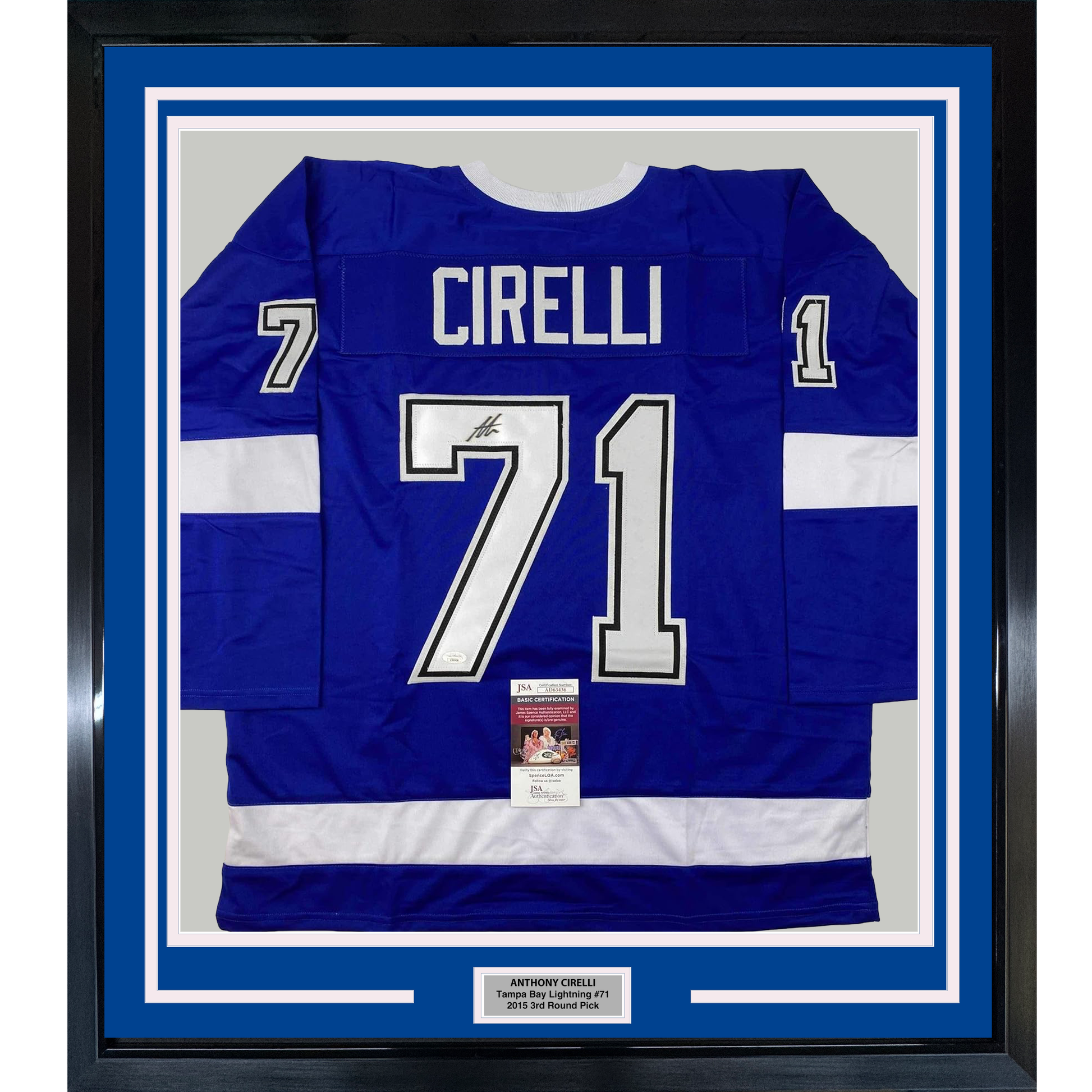 Framed Autographed/Signed Anthony Cirelli 35x39 Tampa Bay Blue Hockey Jersey JSA COA