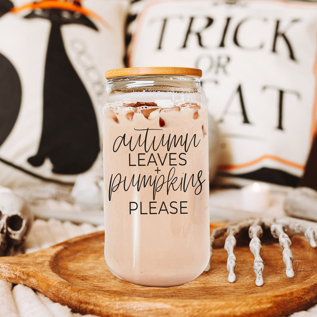 Autumn Leaves 20oz Glass Tumbler With Bamboo Lid, 2 Stainless Straws & Cleaner