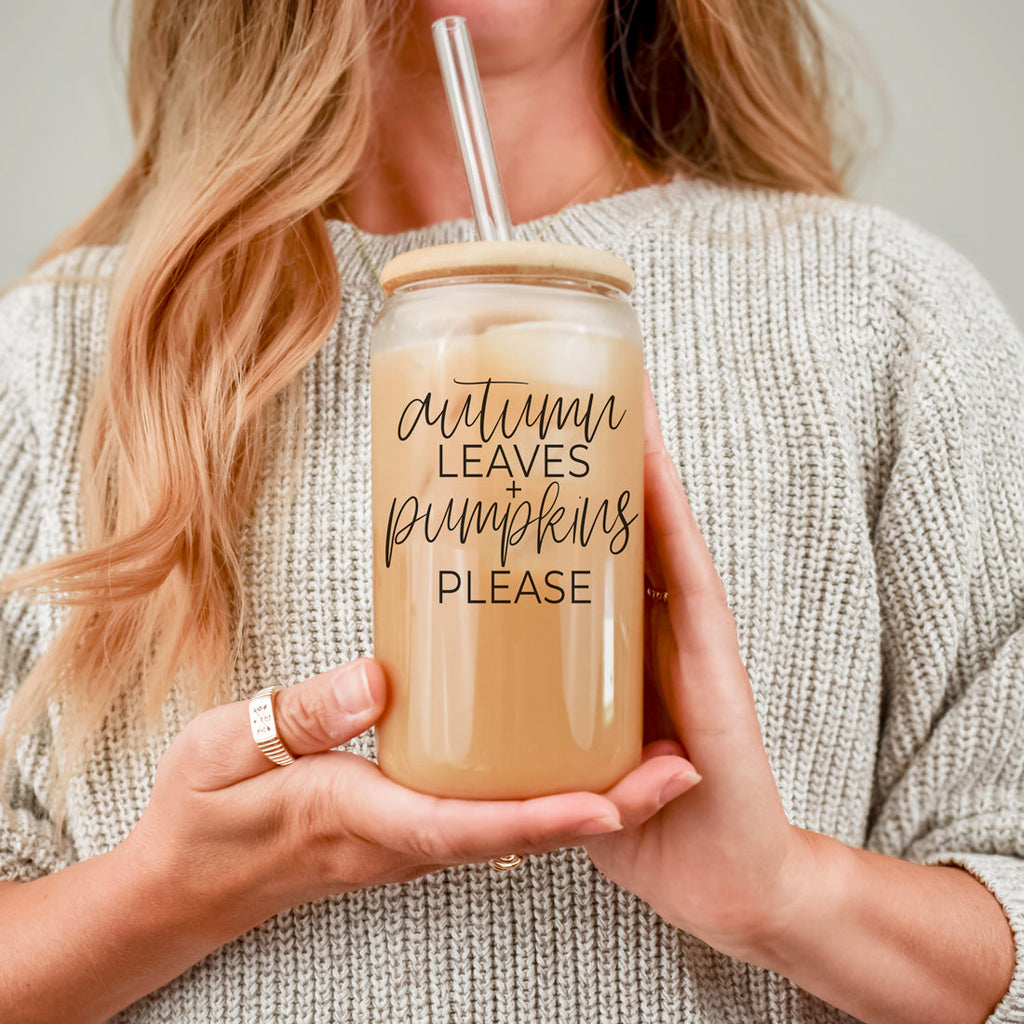 Autumn Leaves 20oz Glass Tumbler With Bamboo Lid, 2 Stainless Straws & Cleaner