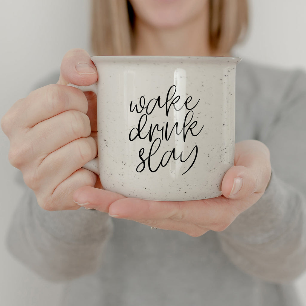 Wake Drink Slay 14.5oz Ceramic Campfire Mug Double-Sided Speckled White Sesame